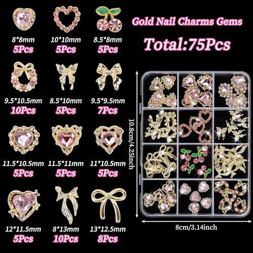 60PCS Gold Heart Cherry Nail Charms Y2K Rhinestone 3D Nail Art Gems