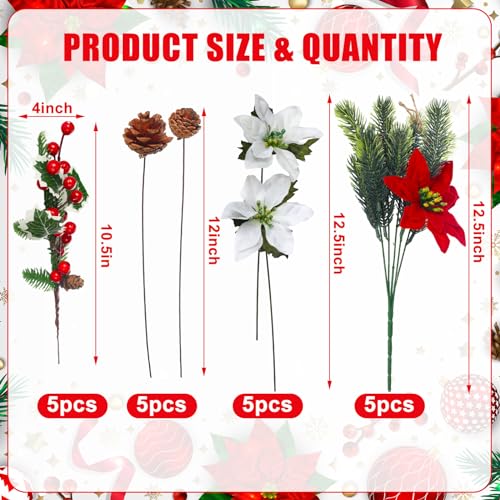 Artificial Christmas Poinsettia Flowers Stem Picks - Red, Green, White Set of 20