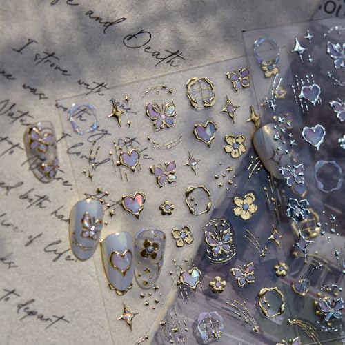 5D Embossed Silver Flower Nail Stickers Bohemian Butterfly Nail Art Decals