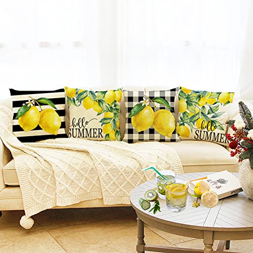 Lemon Watercolor Stripes Throw Pillow Covers Set of 4 - 18x18 Inch