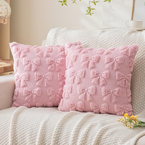 Yuubin Pink Bow Throw Pillow Covers 18x18, Set of 2 Plush Coquette Decor