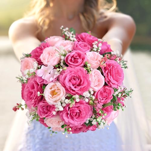Yastouay Artificial Peony Flower Bouquets - Mixed Pink, 2 Pack, 7-Branch, 12-inch Stems