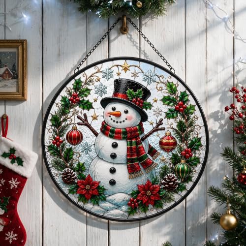 Christmas Snowman Stained Glass Suncatcher for Window Hanging - White Snowman - 7.9 Inch