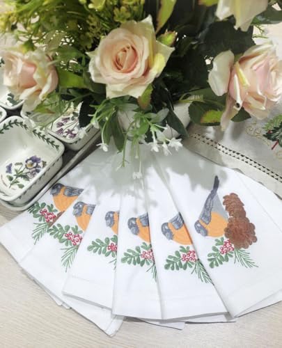 Christmas Bird & Pine Embroidered Cloth Napkin Set of 6 - 20x20 Cotton Table Linens with Hemstitch Details - Holiday & Daily Use