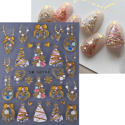5D Embossed Christmas Nail Stickers Glitter Snowflake Reindeer Decals 3Sheets