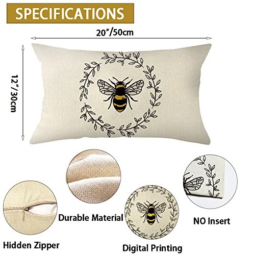 Ogiselestyle Bee Lumbar Pillow Cover, 12x20 Inch Farmhouse Cushion