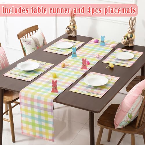 Pastel Buffalo Plaid Easter Table Runner Set with Placemats & Bags