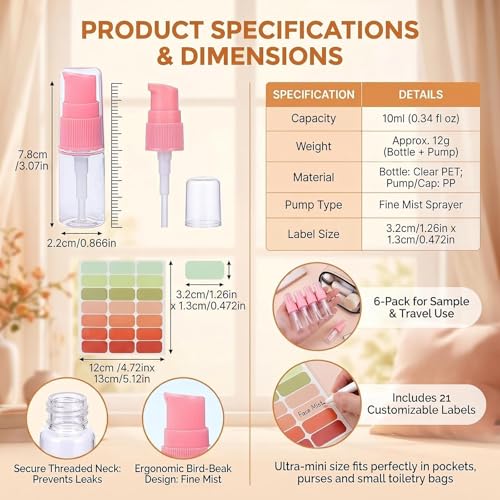 Light Red 10ml Clear Plastic Cream Pump Bottles - 6 Pack with Labels