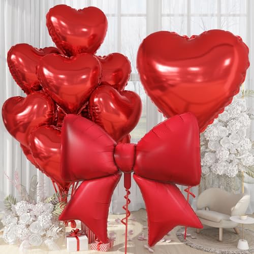 KYGNE 10Pcs Red Heart & Bow Foil Balloon Set for Parties