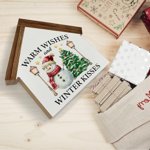 Nurawo R Christmas House Shape Wooden Sign - Snowman Warm Wishes Holiday Decor