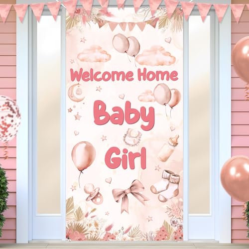 Welcome Home Baby Girl Banner - Pink Boho Rainbow Baby Shower Decoration