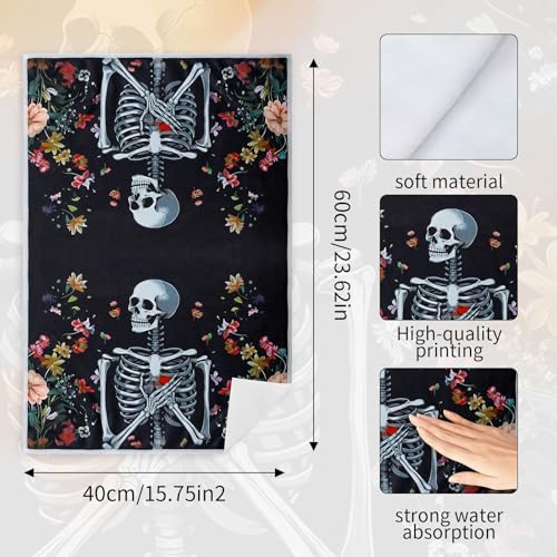 Gothic Skull Kitchen Towels 2 Pack - Cute Goth Flower Microfiber Dish Hand Towels with Hanging Loop