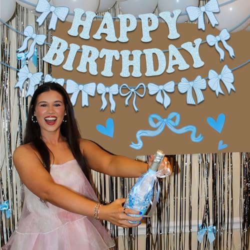 Blue Bow Happy Birthday Banner Set - Pre-Strung Glitter Garland