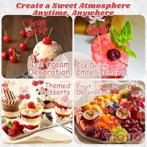 Cherry Cupcake Toppers - Glitter Bow Cake Picks for Parties (24 Pack)
