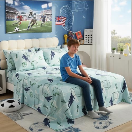 FADFAY Twin Size Soccer Sheet Set - Ultra Soft Breathable Cotton, Blue Sports Bedding