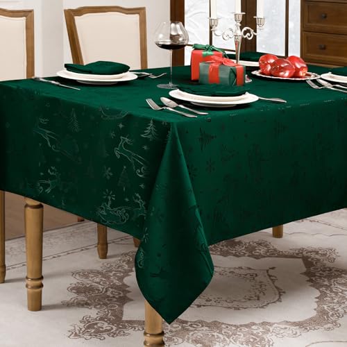 Romanstile Christmas Jacquard Rectangular Tablecloth 60 x 144 Inches - Green Xmas Deer & Tree