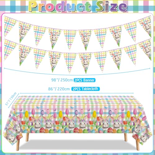 Dvaorc 4-Pack Easter Tablecloth and Bunny Banners Spring Party Decor