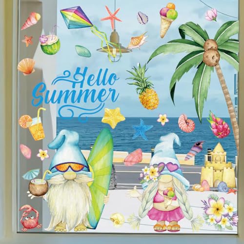 Hello Summer Gnome Window Clings - 2 Large Sheets of Tropical Decor