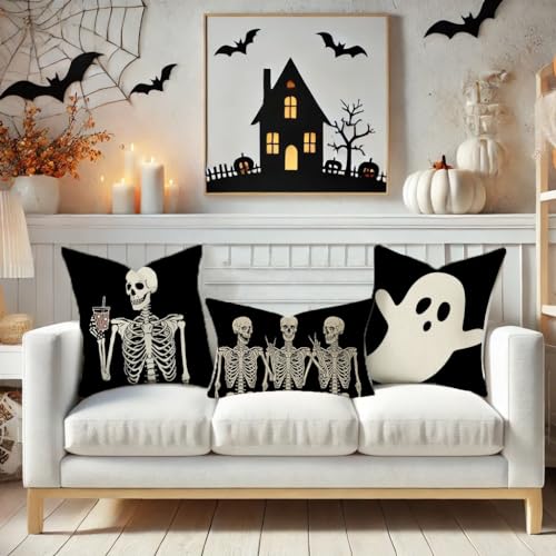 PANDICORN Skeleton Halloween Throw Pillow Cover, 12x20 Inch Farmhouse Decor
