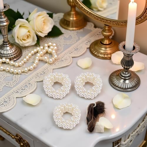 White Pearl Hair Bands 3-Pack Elastic Ponytail Holder for Women