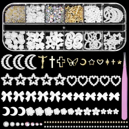 AnoleAir White Assorted Nail Charms Acrylic Bows Flowers Pearls and Gold Rivets