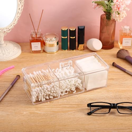 Sohalejr Acrylic Lid Qtip Holder with 3 Compartments - Transparent Bathroom Organizer