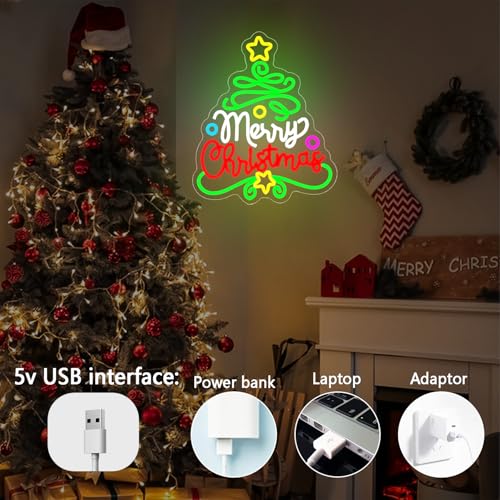 Merry Christmas Neon Sign - Christmas Tree Dimmable Wall Decor for Holiday & Family
