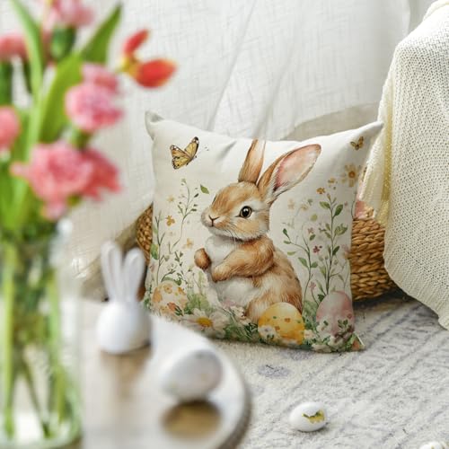 AVOIN colorlife Easter Bunny Throw Pillow Cover, 18x18 Inch Floral Case