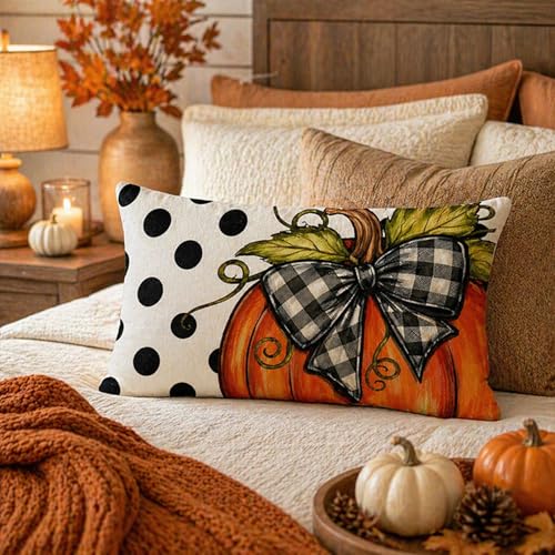 Polka Dot Pumpkin Throw Pillow Cover 12x20 Inch - Autumn Fall Decor