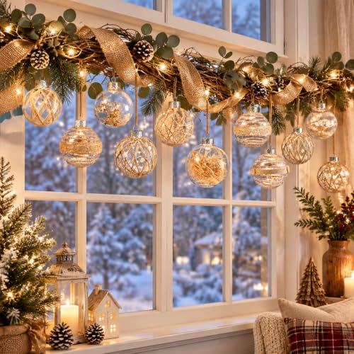 Farmhouse Christmas Ornaments Set with Burlap & Ribbons, 28 Pieces