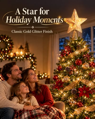 Noiclub Gold Glitter Christmas Tree Topper Star for 6-8FT Trees - Battery Operated, 10 Inch, Warm White LED Lights, Festive Holiday Decor - Golden01