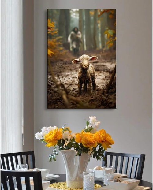 Jesus Wall Art | Large 24”x36” Canvas Print of Jesus Running After Lost Lamb - Perfect Home Decor & Baptism Gift