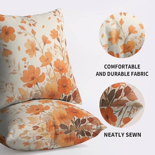 Burnt Orange Fall Floral Pillow Covers 18x18, Set of 2 Cotton Linen Cases