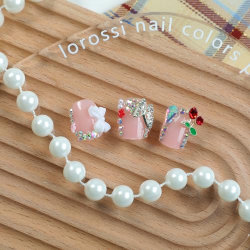 Pink Press on Nails Short Square False Nails with Rhinestones and Butterfly Charms 24Pcs