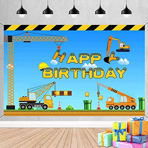 Construction Theme Birthday Backdrop for Kids - Dump Truck & Crane
