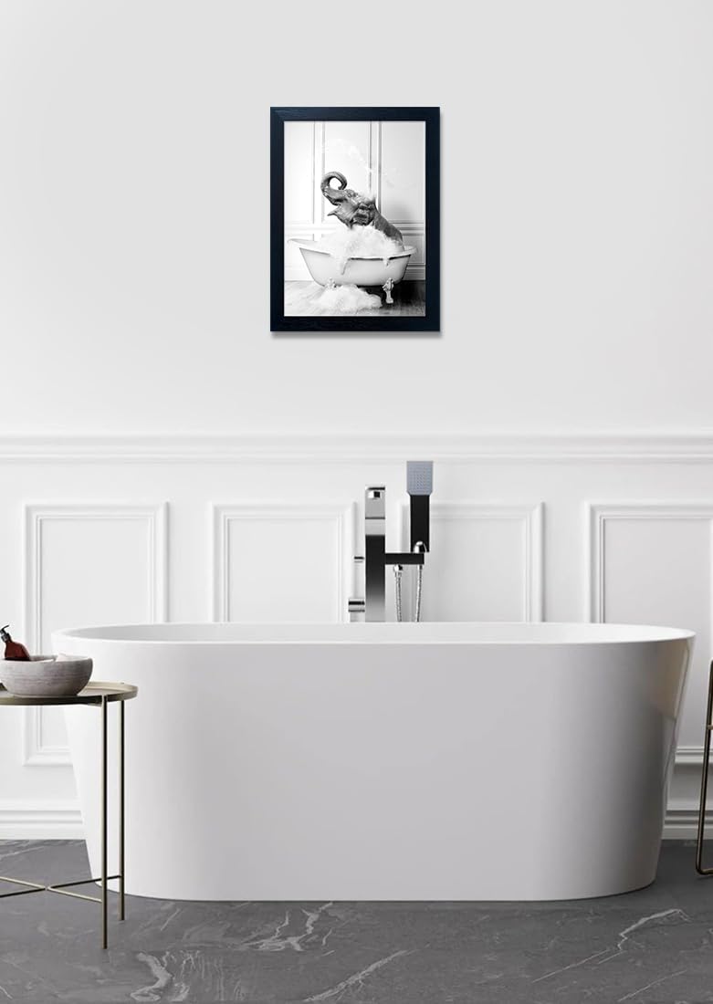 Regine Switzerland Elephant in Bathtub Canvas Print - Funny Black & White Bathroom Wall Art