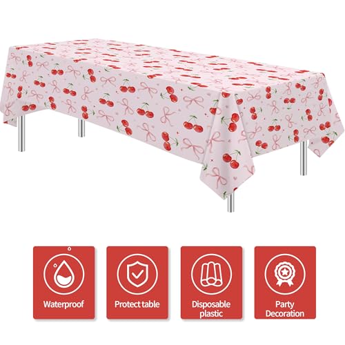 Cherry and Bows Party Tablecloth, 3-Pack Disposable Table Covers, 86x55"