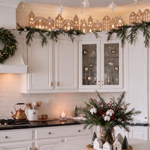 Classic Wooden Gingerbread House Decor Set with LED Lights for Above The Cabinet - Farmhouse Christmas Village Silhouettes