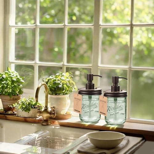 16oz Green Glass Mason Jar Soap Dispenser, Wide Mouth, Bronze