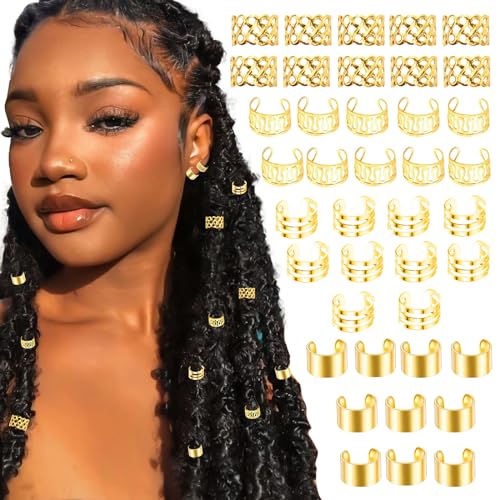 VENOFEN 40PCS Gold Hair Cuffs for Dreadlocks & Braids - Adjustable Metal Alloy Hair Rings