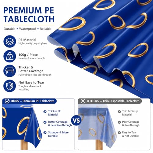 3-Pack Blue Gold Ring Print Disposable Tablecloths - 54x108 Inches