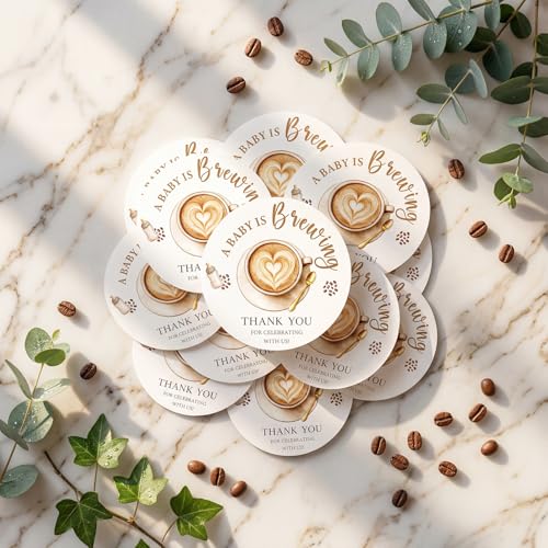 Coffee Themed Baby Shower Stickers - A Baby is Brewing (120 Pcs)