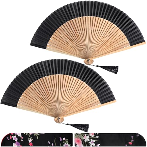 Boao 2 Pcs Vintage Bamboo Silk Folding Hand Fans with Sleeves