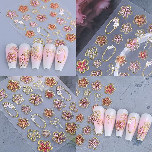 SHUXILIN 3Pcs 5D Embossed Pink Flower Nail Art Stickers Self-Adhesive Bow Decals