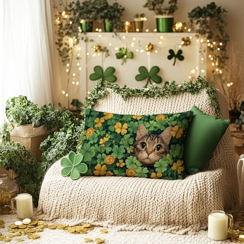 St. Patrick's Day Pillow Cover 12x20 Inch - Shamrock Cat Design