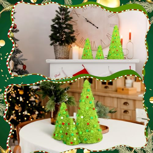 Furry Christmas Tree Decorations Set - Green, Multiple Sizes, 3 Pcs