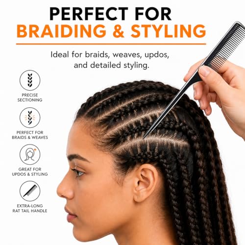 LUXXII 4 Pack Rat Tail Comb 9.25 Inch Fine Tooth Hair Styling Combs