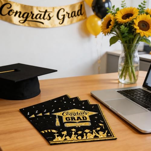 Graduation Napkins Class of 2026 - 20 Pcs Black & Gold Disposable