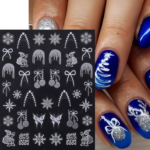 CnSybaris 6 Sheets Snowflake Nail Art Stickers 3D Silver Glitter Decals