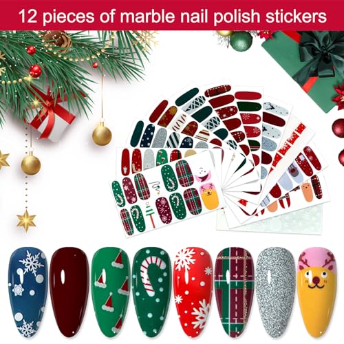 YECIRALA 12 Sheets Christmas Nail Polish Stickers Self-Adhesive Nail Wraps